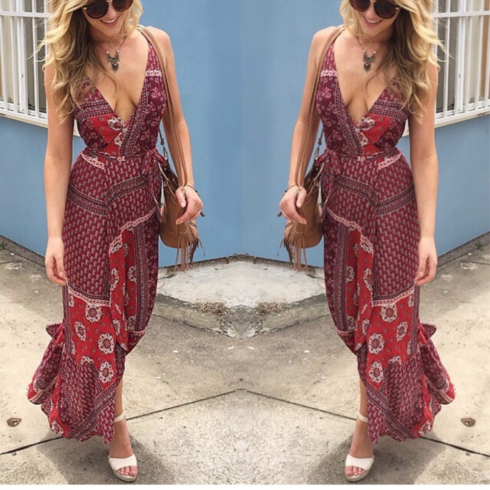 Red boho wrap dress with ruffle bottom